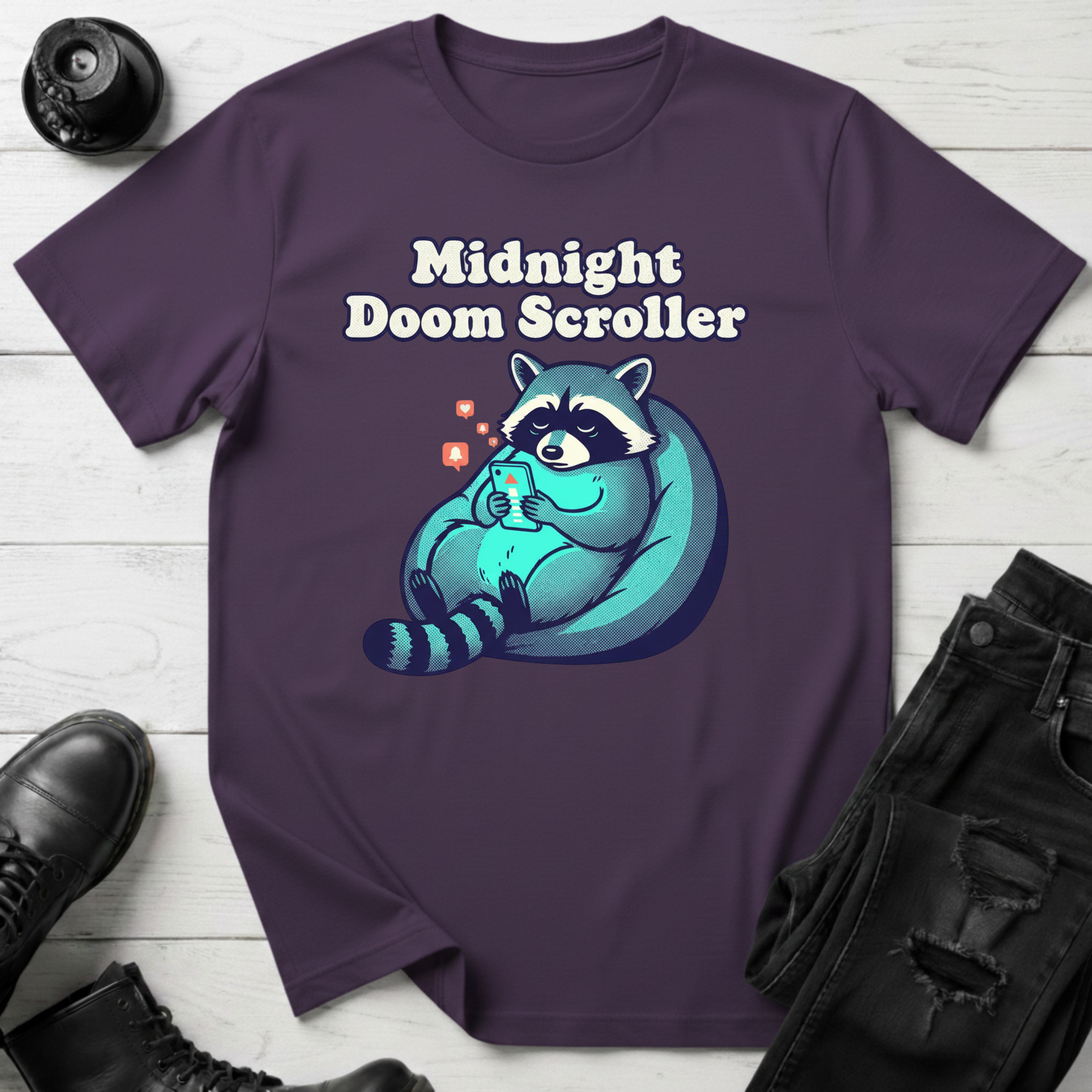 Midnight Doom Scroller Raccoon T-Shirt