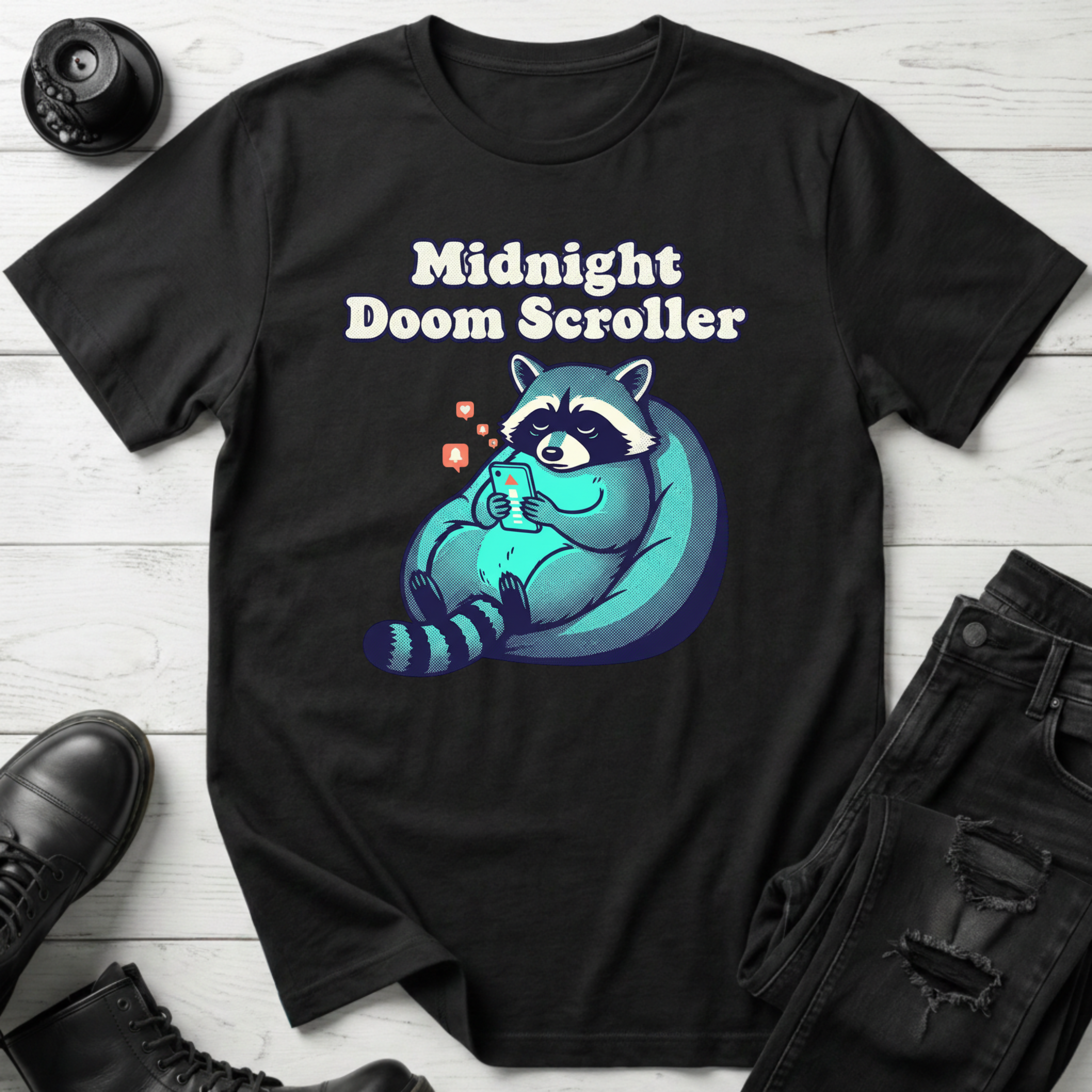 Midnight Doom Scroller Raccoon T-Shirt