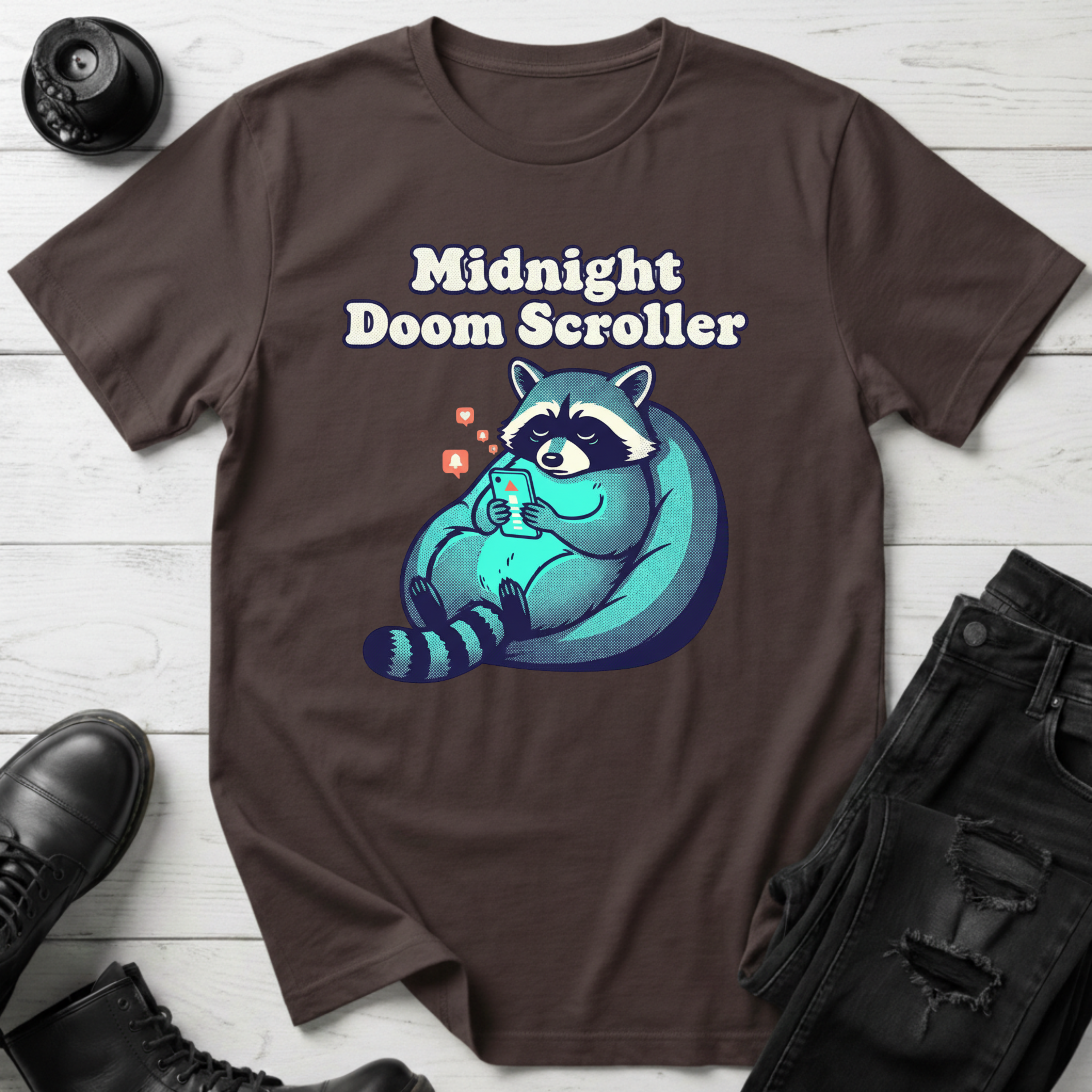 Midnight Doom Scroller Raccoon T-Shirt